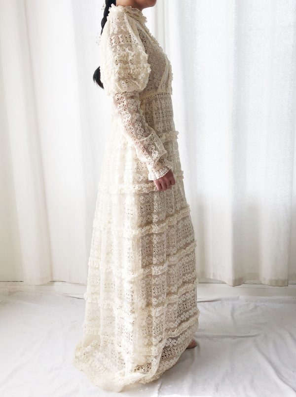 1970s Bohemian Puff Sleeves Lace Dress - S Online Hot Sale