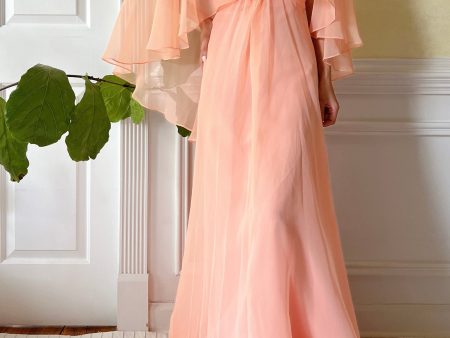 1960s Peach Chiffon Dress - M For Sale