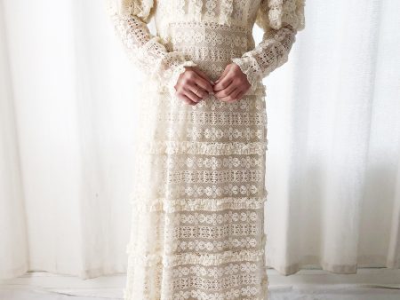 1970s Bohemian Puff Sleeves Lace Dress - S Online Hot Sale