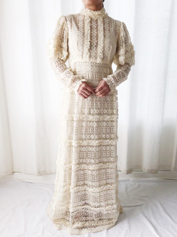 1970s Bohemian Puff Sleeves Lace Dress - S Online Hot Sale