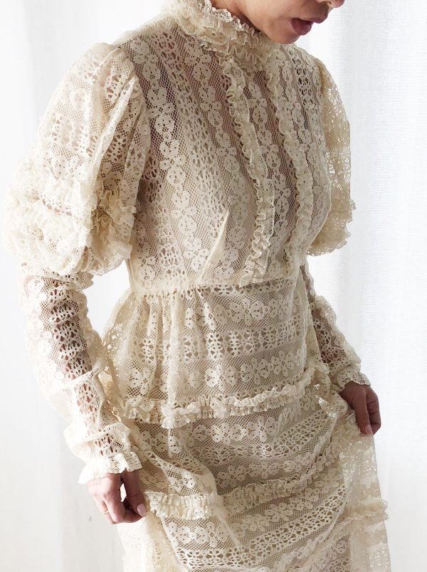 1970s Bohemian Puff Sleeves Lace Dress - S Online Hot Sale