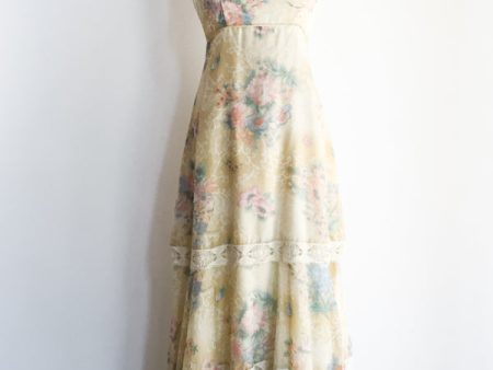 1970s Yellow Cotton Floral Maxi Dress - S Cheap