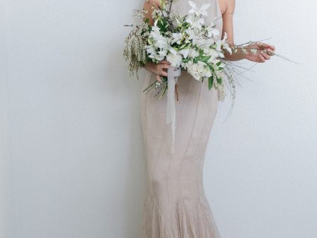 RENTAL Silk Beige Pintuck Halter Gown - S Online Hot Sale