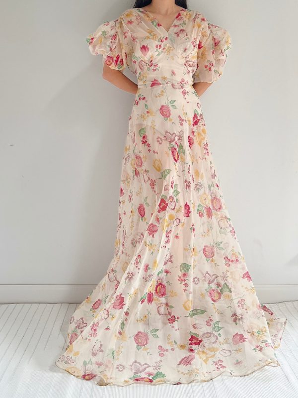 1930s Organza Floral Dress - S M For Discount