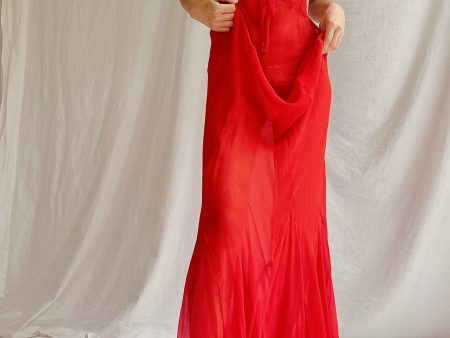 00s Red Silk Sheer Slip Gown - M L Cheap