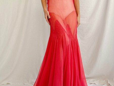 1930s Rose Red Sheer Silk Gown - XS For Cheap