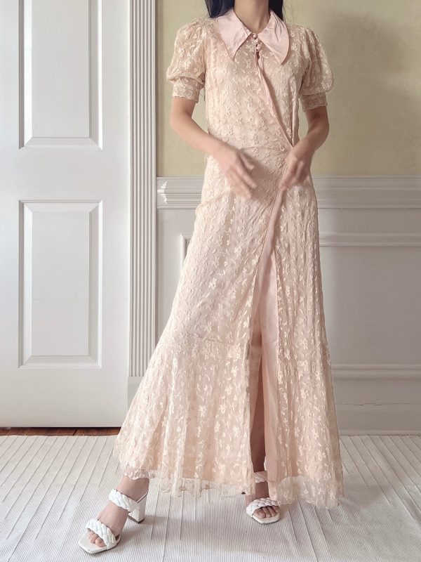 1930s Peach Needle Lace Dressing Gown  - XS S Hot on Sale