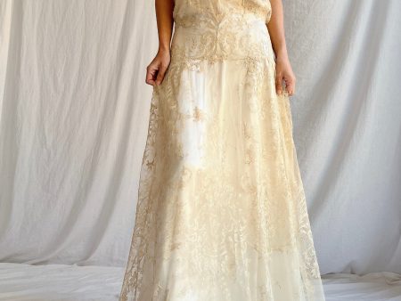 1930s Ecru Lace Gown with Slip - M For Sale