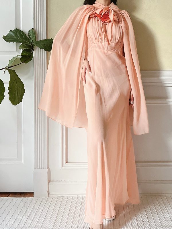 1930s Peach Pink Silk Chiffon Dress and Cape - S M Sale