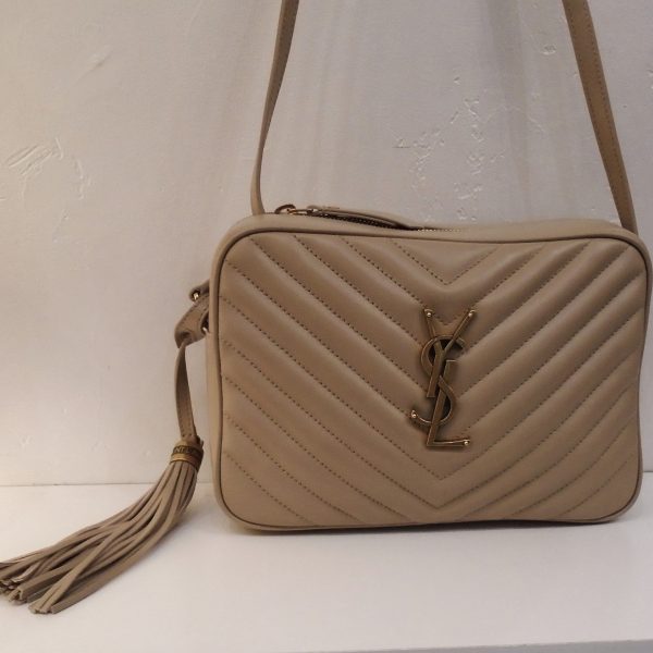 YSL Taupe Lou Medium Crossbody Chevron Camera Bag Online Sale