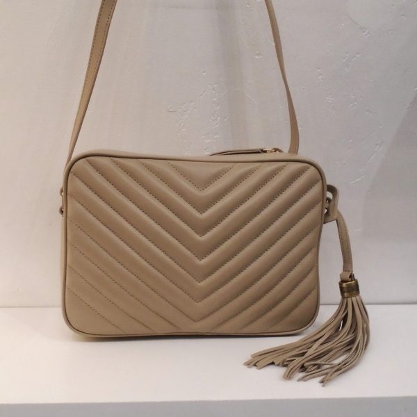 YSL Taupe Lou Medium Crossbody Chevron Camera Bag Online Sale